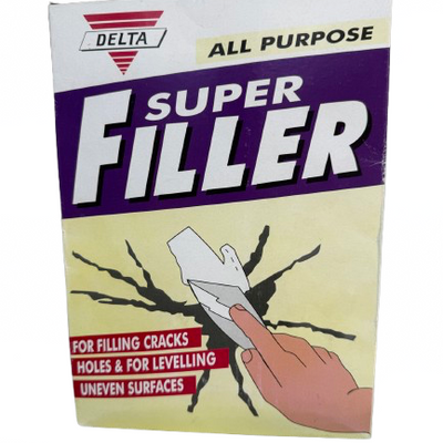 Super Filler, a powdered repair compound used for plaster, plasterboard, wood, brick, and stone.