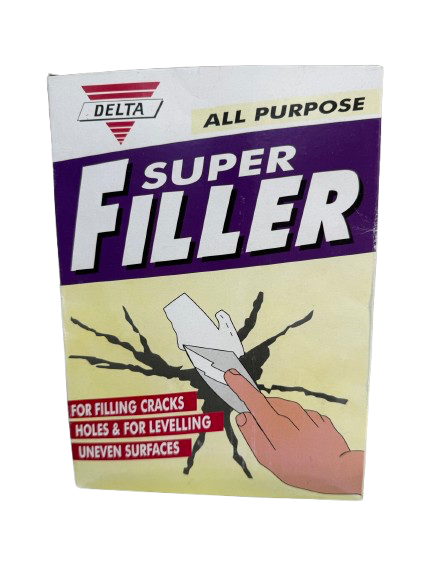 Super Filler, a powdered repair compound used for plaster, plasterboard, wood, brick, and stone.